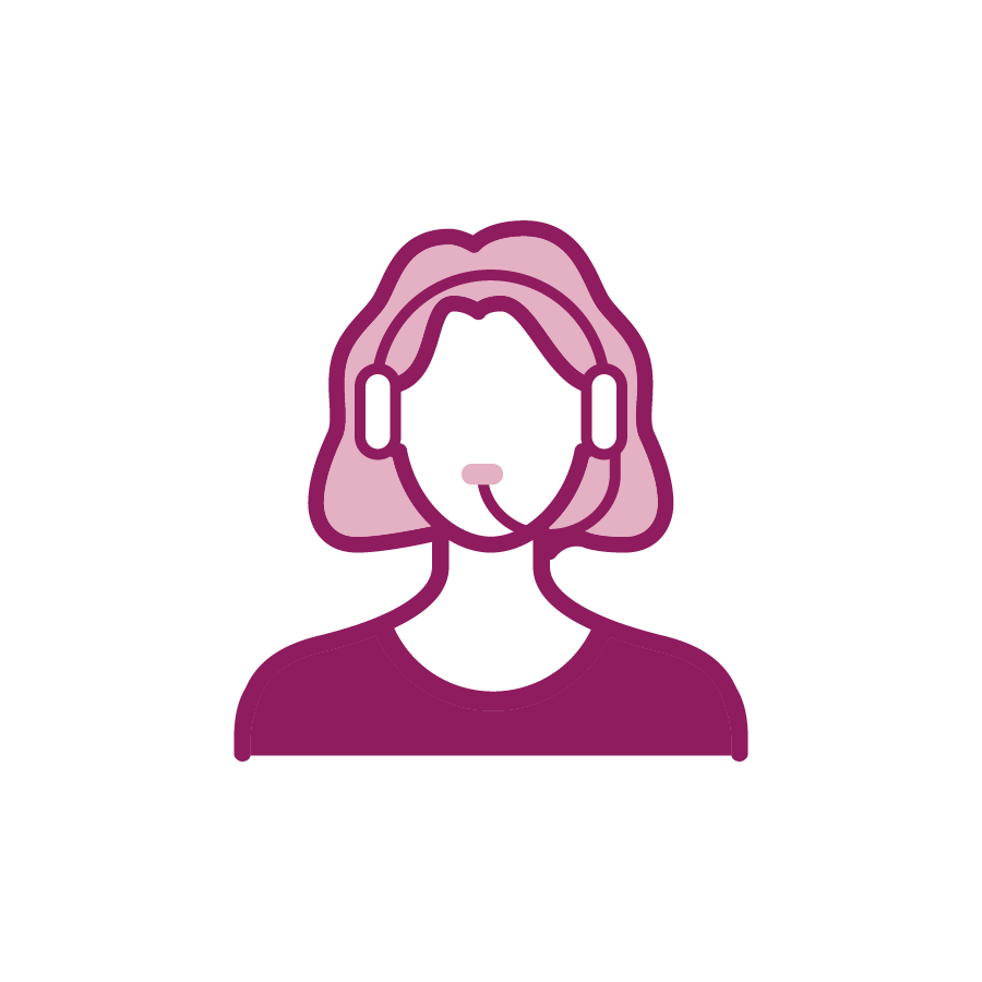 A magenta and pink icon of a person wearing a headset and microphone