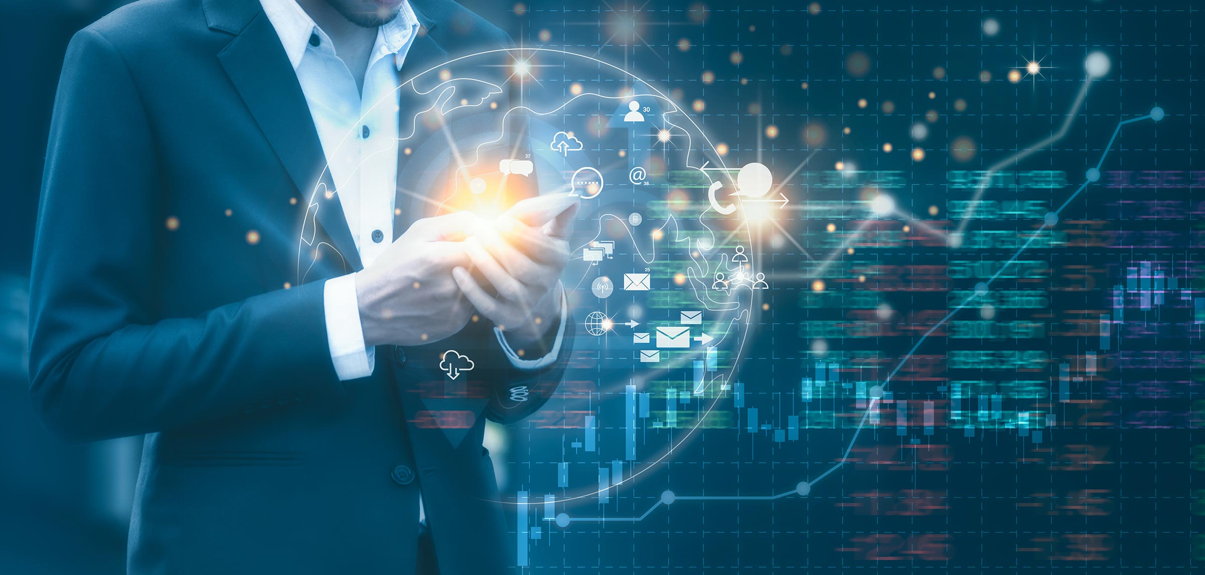 Business man using phone with digital network icons