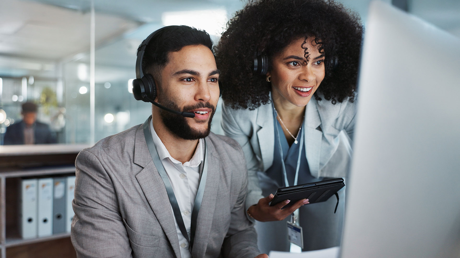 Business people, call center and coaching staff in telemarketing, customer service or support