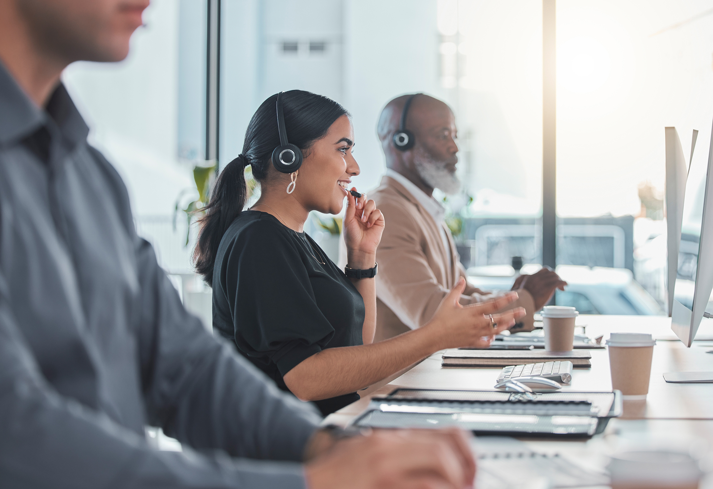 call center talking and consulting with woman