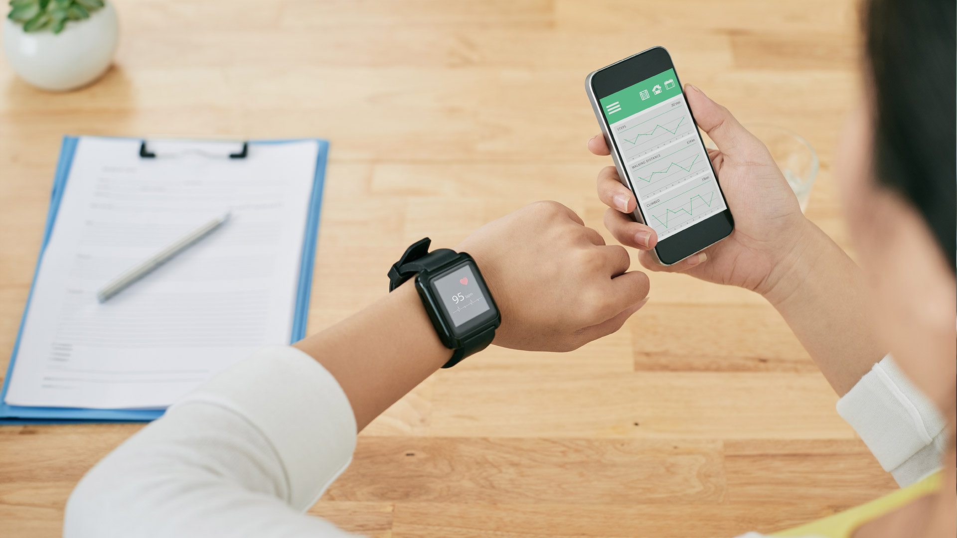 Checking health on smart watch and phone