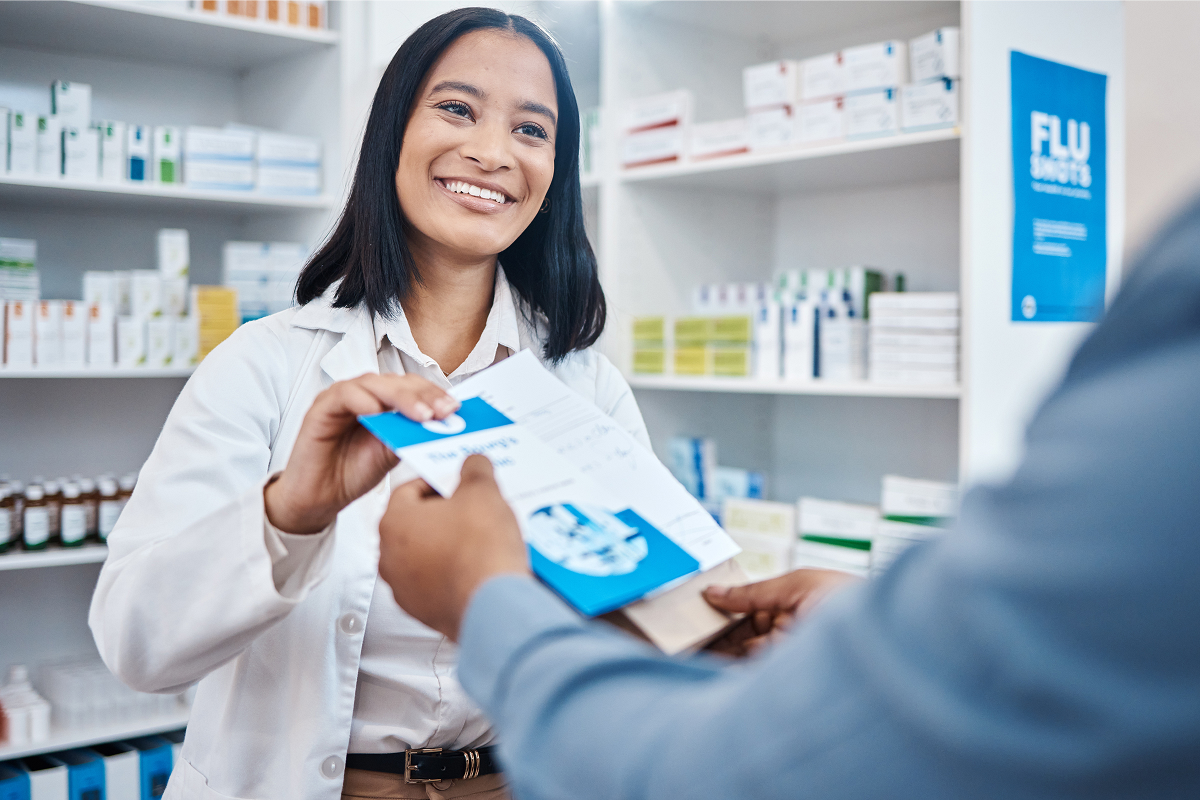 Pharmacy shopping product, pharmacist or customer buying clinic pills, medical pharmaceutical or he