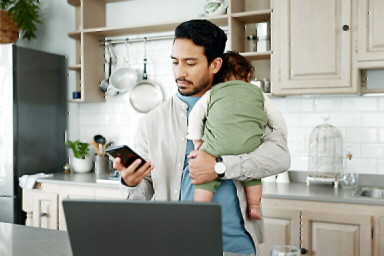 Phone, man and sleeping baby in home for care, research symptoms and texting on paternity leave.