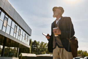 Stylish senior man in checkered blazer enjoying autumn near a modern building