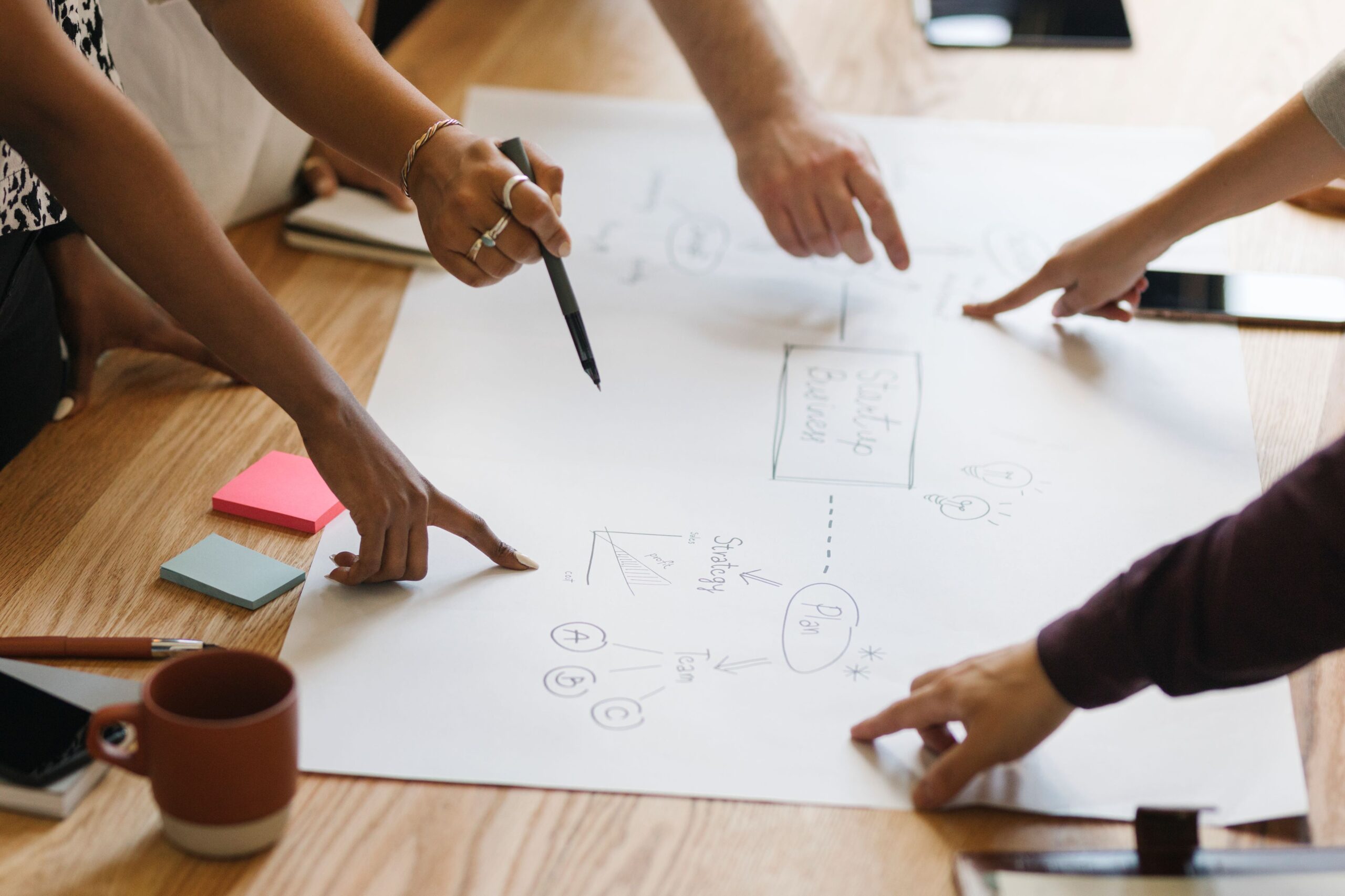 A set of hands from various team members point to a plan diagrammed on a white sheet of paper.